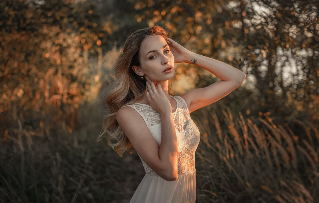 Photo wallpaper look, girl, pose, hands, dress, Jiří Tulach