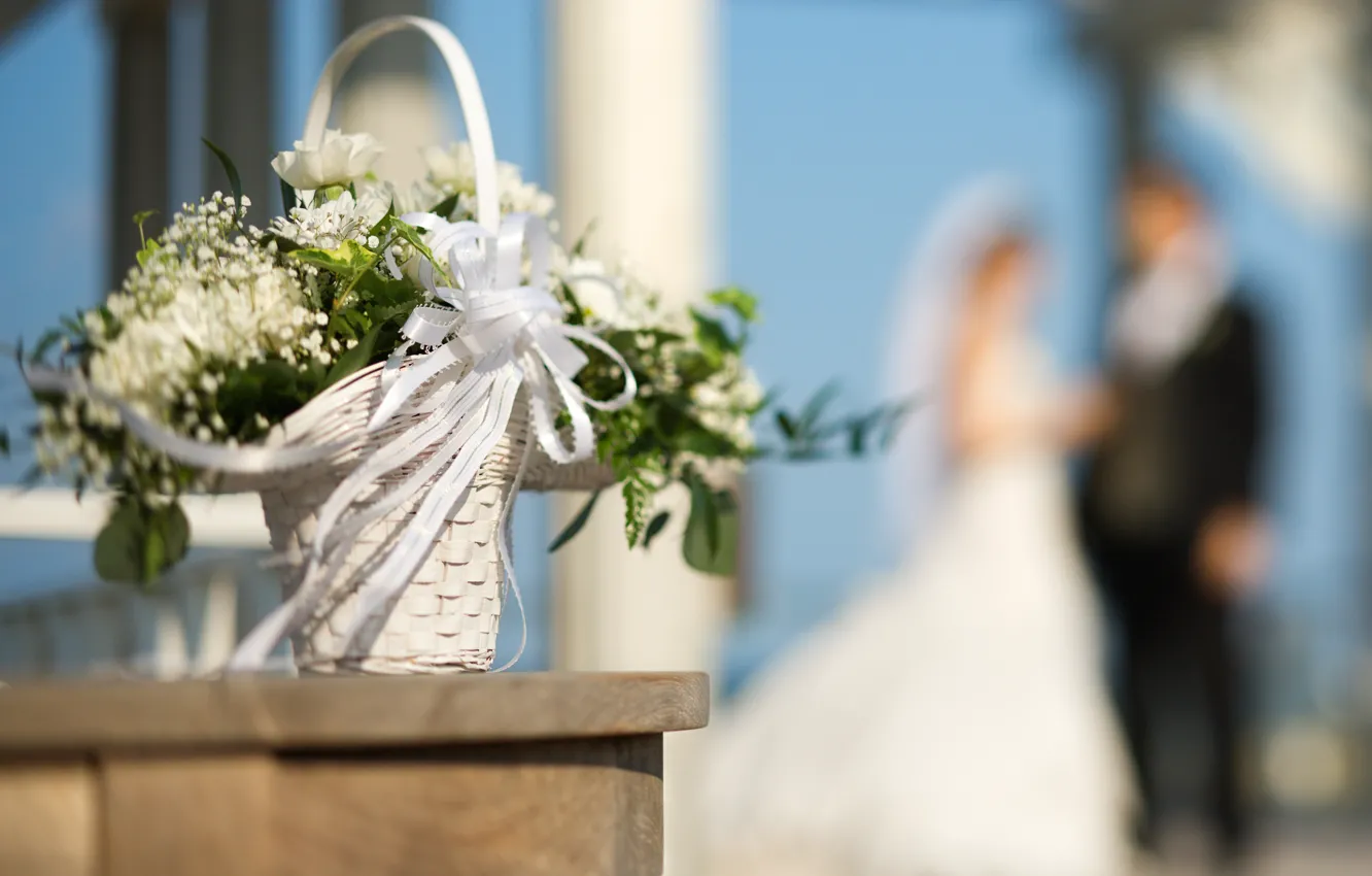 Photo wallpaper flowers, basket, bouquet, tape, the bride, wedding, bokeh, the groom