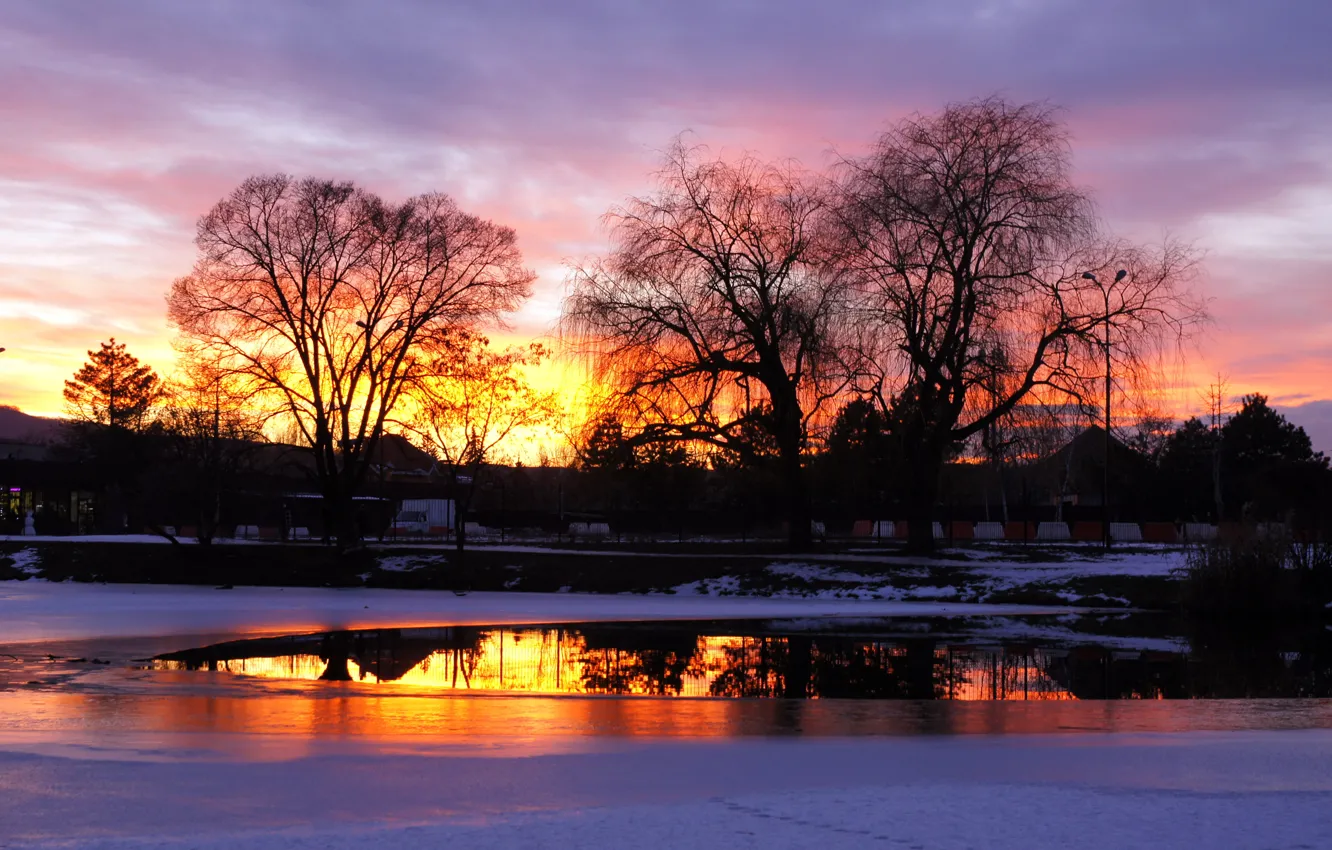 Photo wallpaper ice, winter, sunset