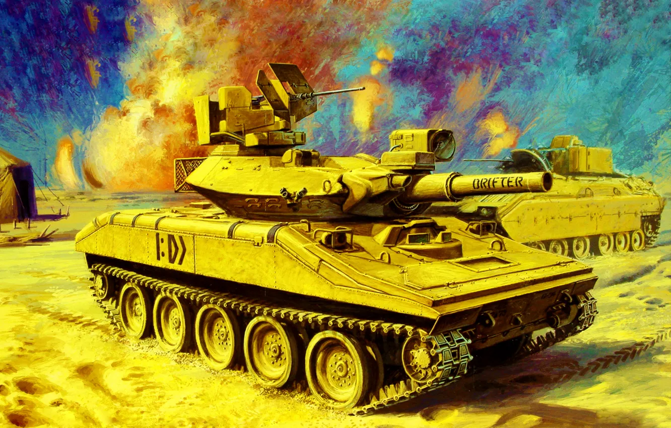 Photo wallpaper weapon, war, art, painting, tank, M551 Sheridan, desert storm, gulf war