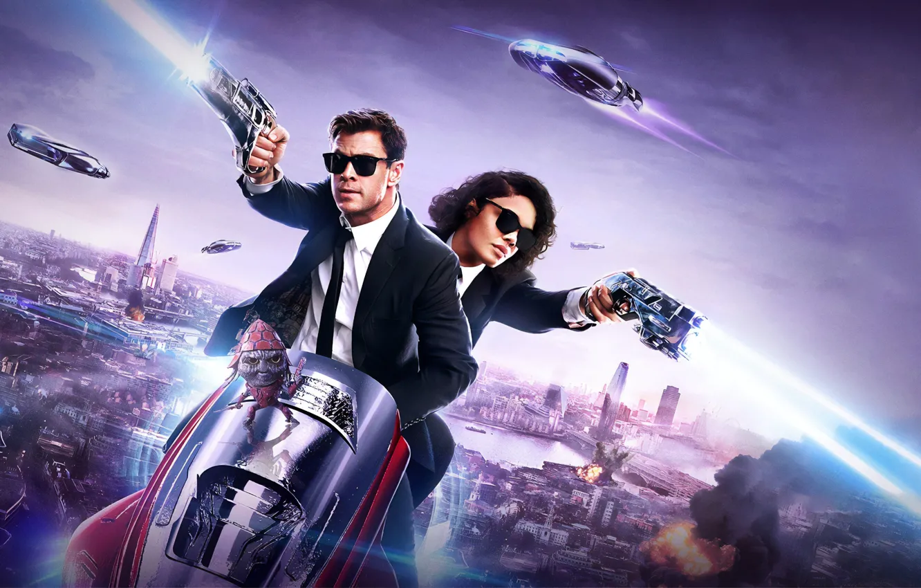 Photo wallpaper city, girl, Action, black, river, cars, International, flying