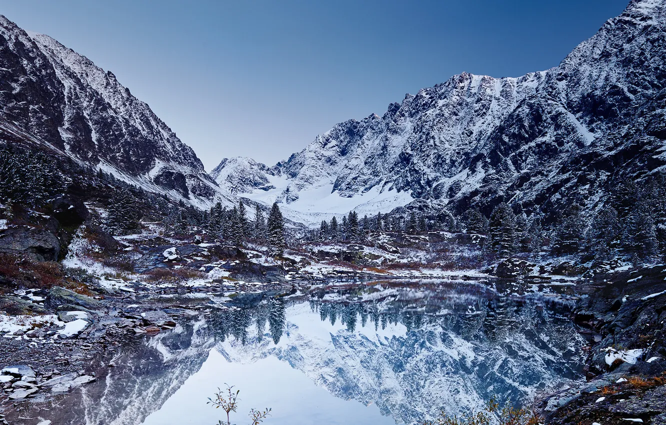 Photo wallpaper winter, landscape, mountains, nature, lake, reflection, Russia, Altay