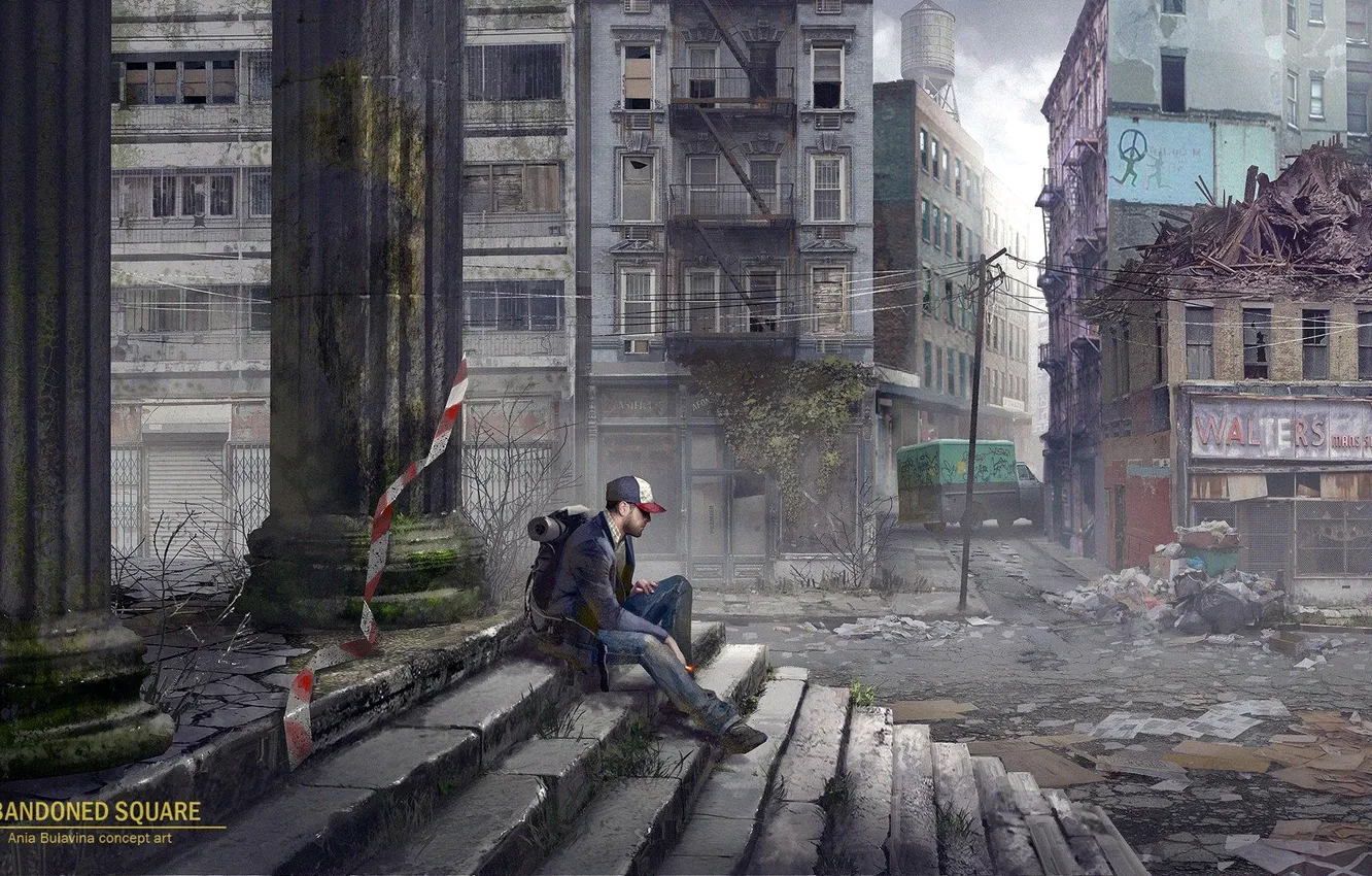 Photo wallpaper the city, devastation, steps, guy, post-Apocalypse