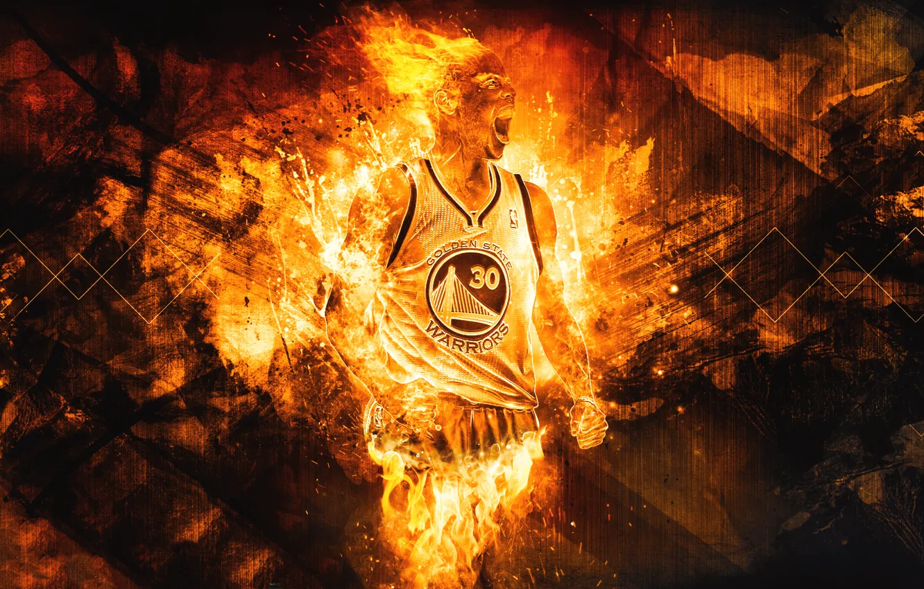 Photo wallpaper Fire, Sport, Basketball, NBA, Golden State, Stephen Curry, Warriors, Golden State