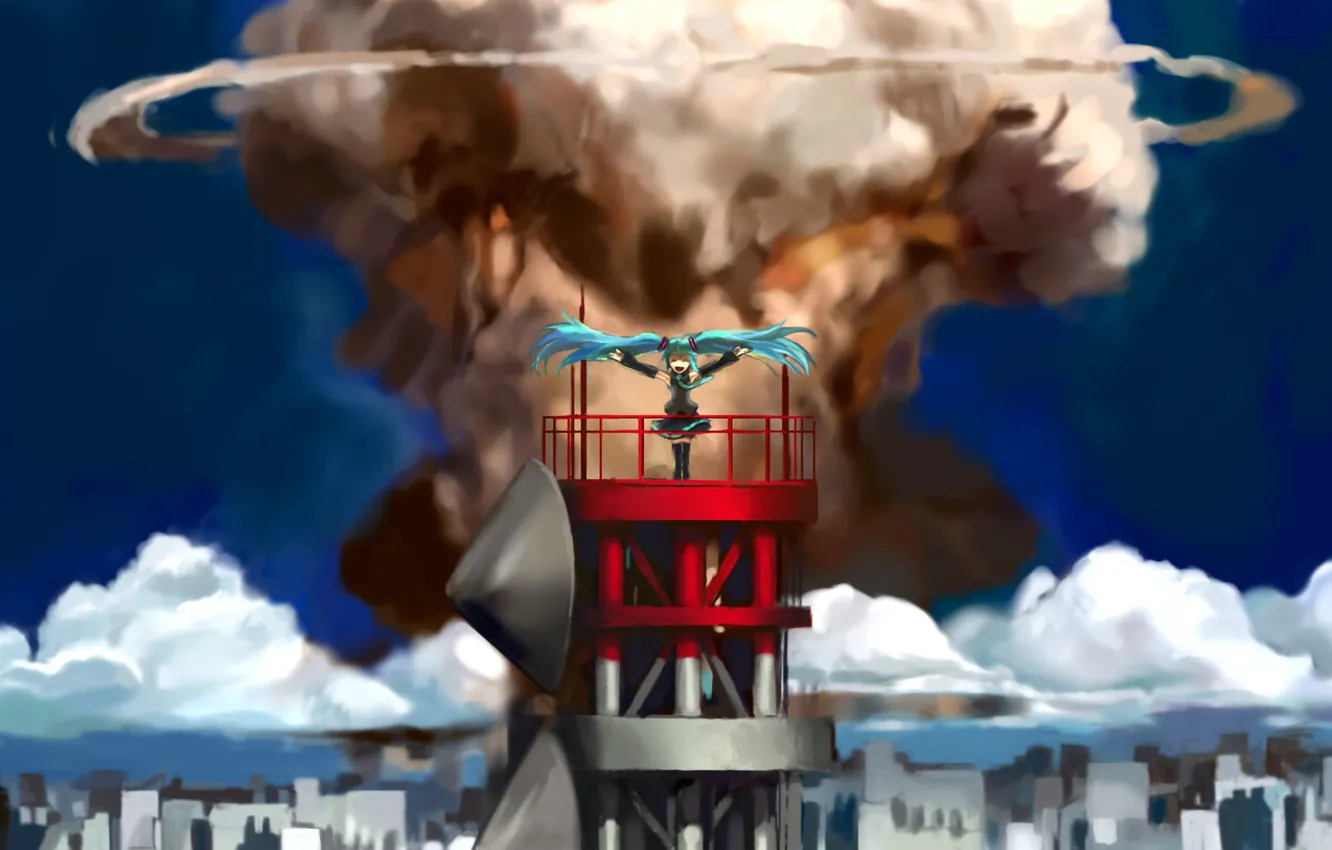 Photo wallpaper girl, the city, tower, anime, panorama, a nuclear explosion, Hatsune Miku, Vocaloid