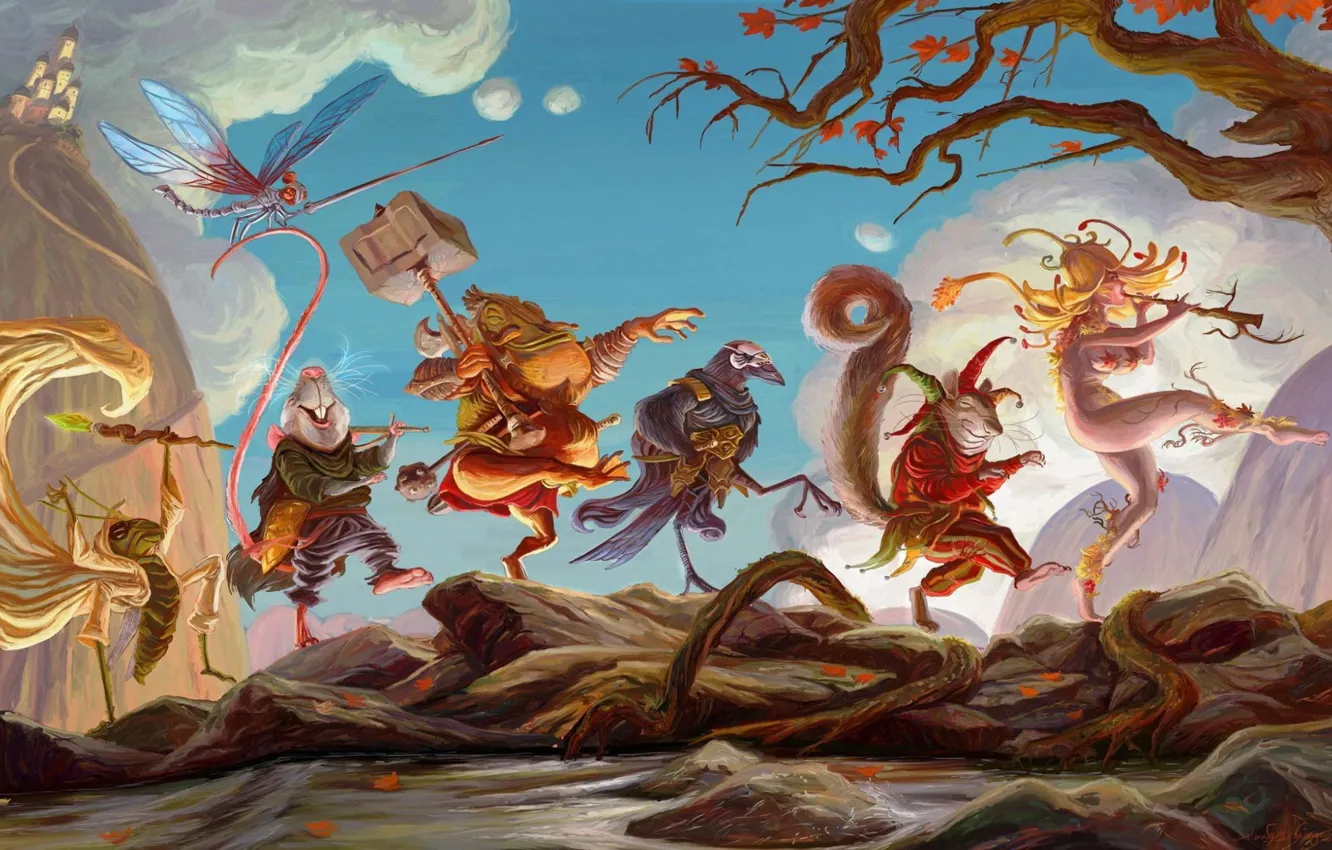 Photo wallpaper girl, trees, joy, stream, rocks, bird, figure, frog