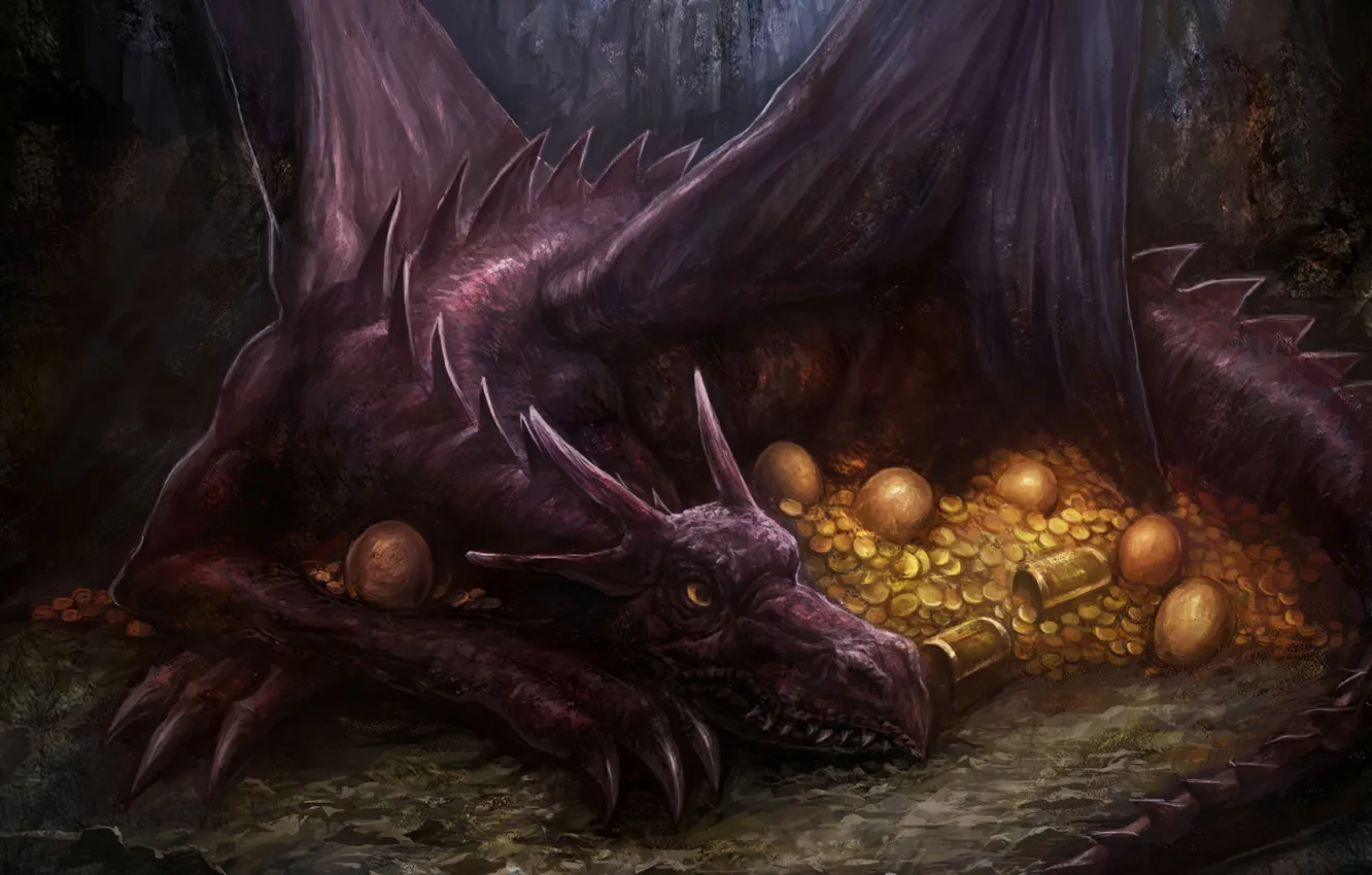 Photo wallpaper gold, dragon, eggs, art, coins, chest, treasures