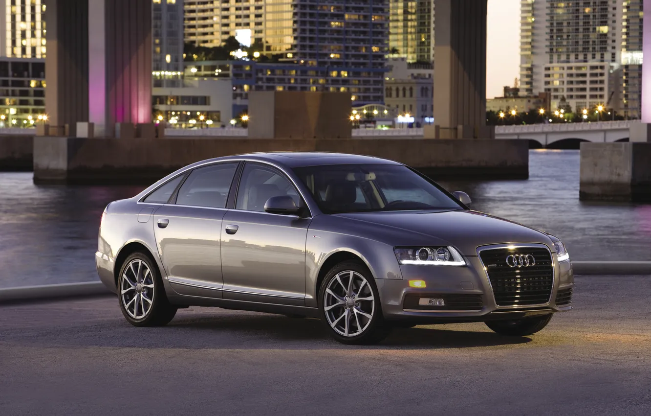 Photo wallpaper the city, river, audi, the evening, Audi, backlight, drives