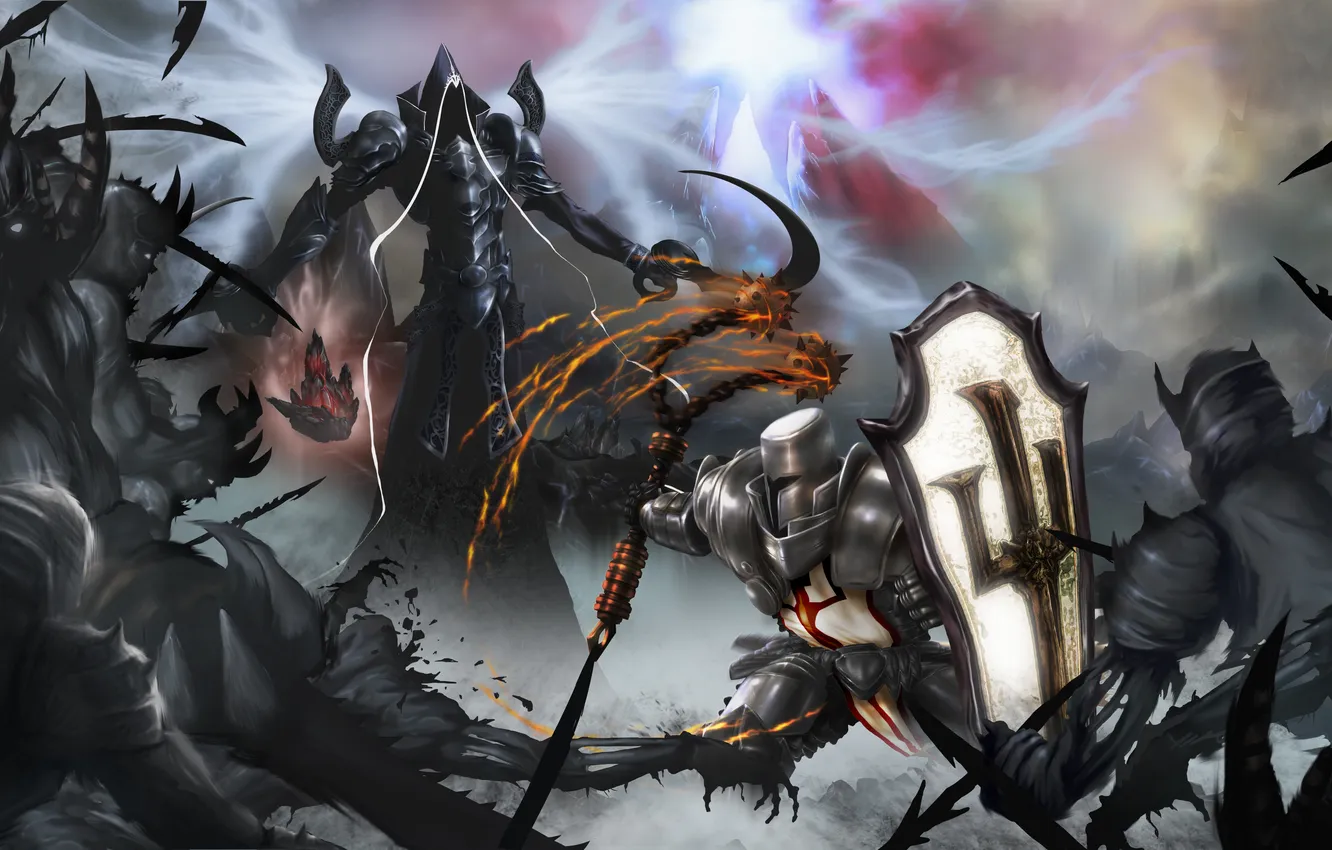Photo wallpaper RPG, battle, Diablo 3, Crusader, Reaper of Souls, Malthael