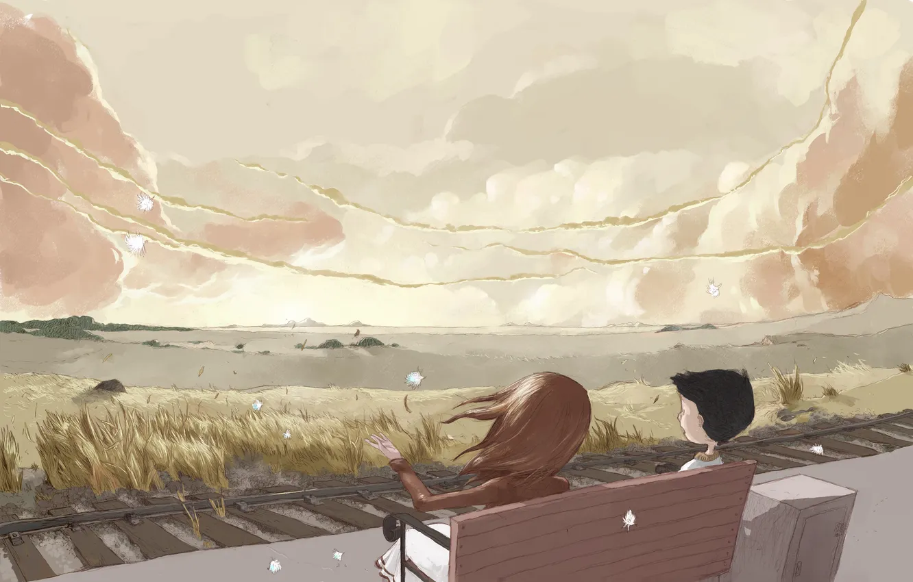Photo wallpaper mountains, bench, the wind, rails, boy, horizon, fluff, girl