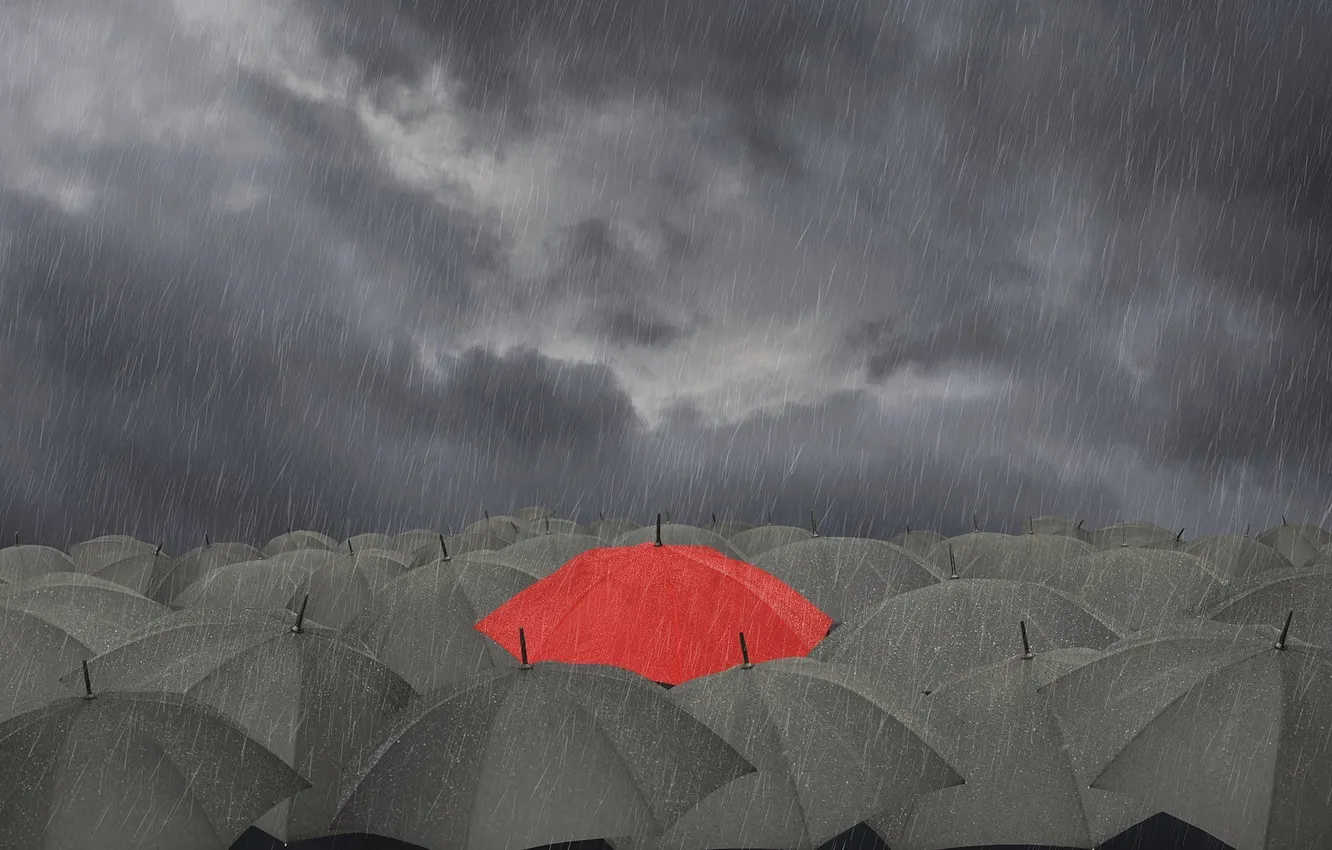 Photo wallpaper red, clouds, rain, umbrellas