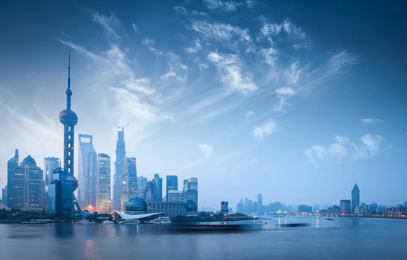 Photo wallpaper clouds, the city, river, China, skyscrapers, spires
