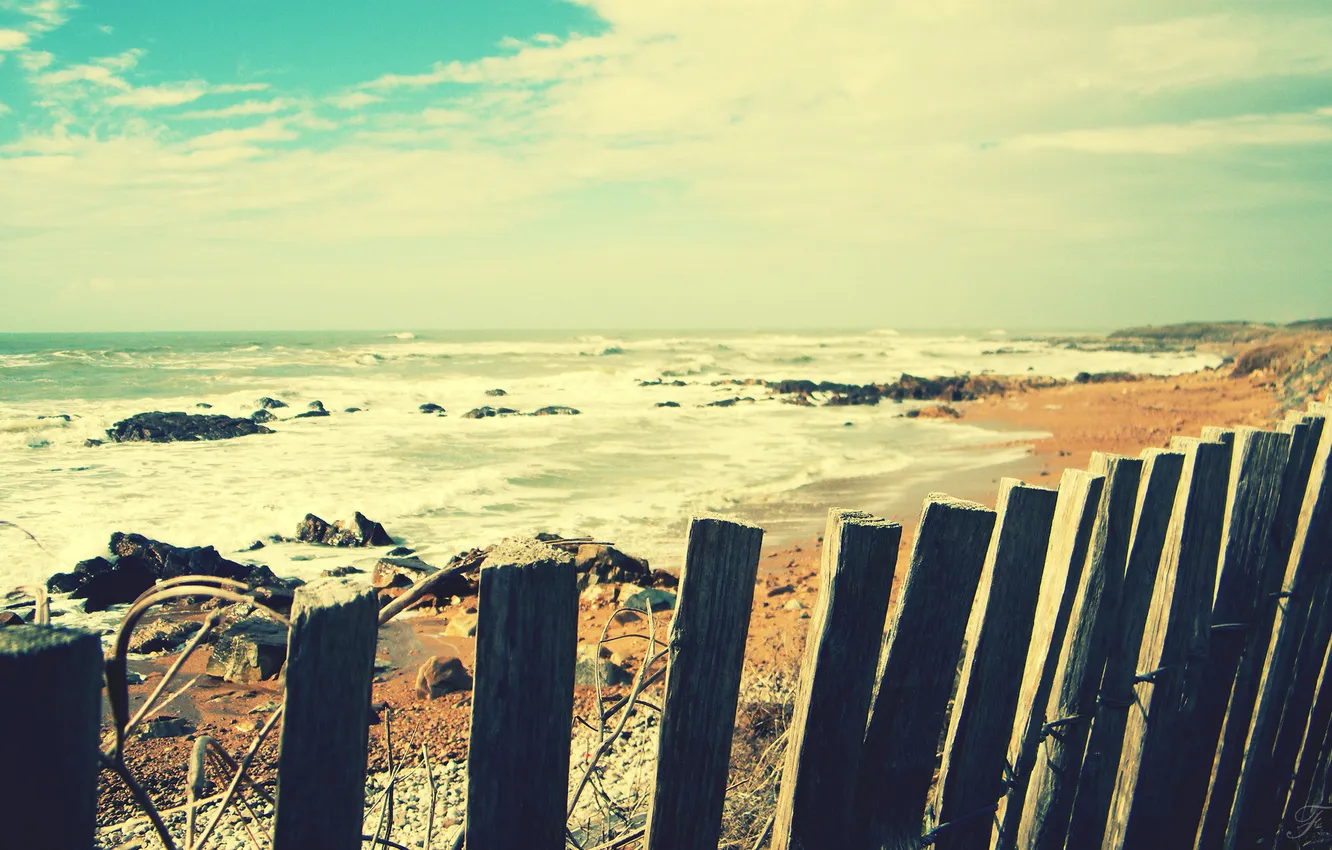 Photo wallpaper sand, sea, wave, beach, water, landscape, stones, the fence