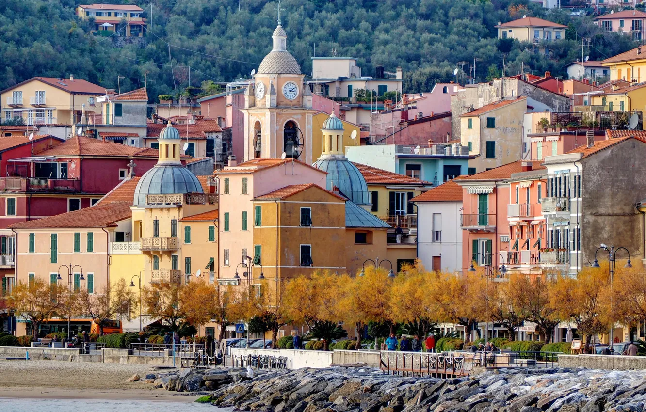Photo wallpaper sea, trees, stones, shore, home, Italy, Liguria, San Terenzo