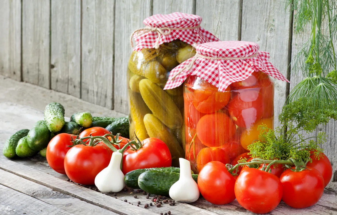 Photo wallpaper dill, Bank, pepper, tomatoes, cucumbers, garlic, conservation
