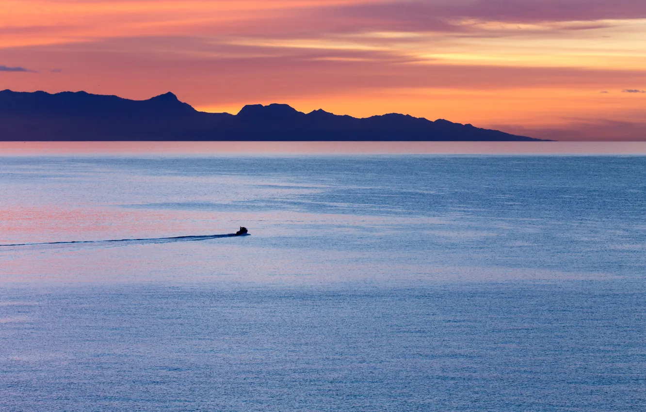 Photo wallpaper twilight, sea, ocean, sunset, seascape, island, dusk, boat