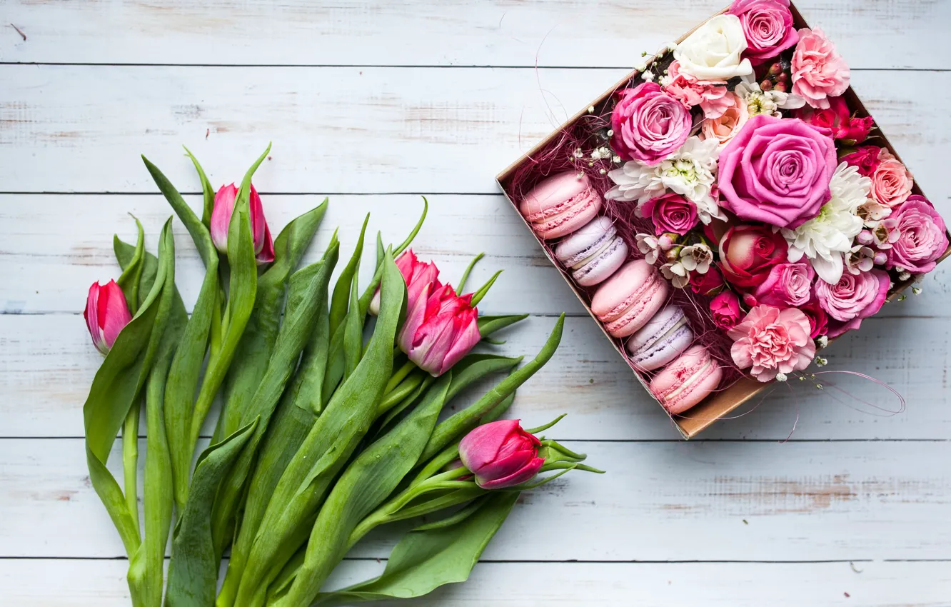 Photo wallpaper leaves, birthday, box, gift, Board, roses, bouquet, cookies