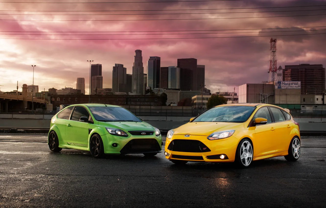Photo wallpaper Ford, Yellow, The city, Green, Machine, City, Focus, Cars