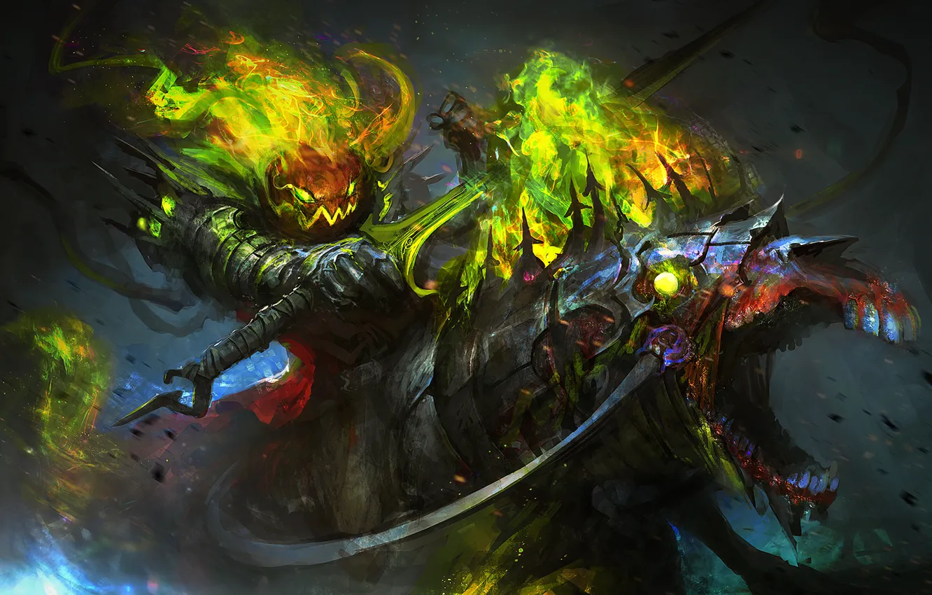 Photo wallpaper darkness, holiday, magic, horse, sword, Halloween, pumpkin, Lord Pumpkinton