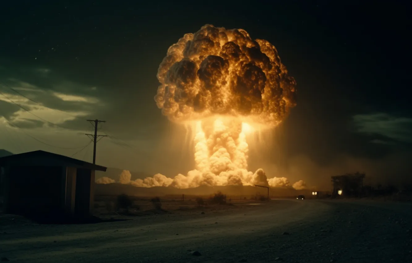 Photo wallpaper road, clouds, the explosion, mushrooms, home, the evening, a nuclear explosion, car
