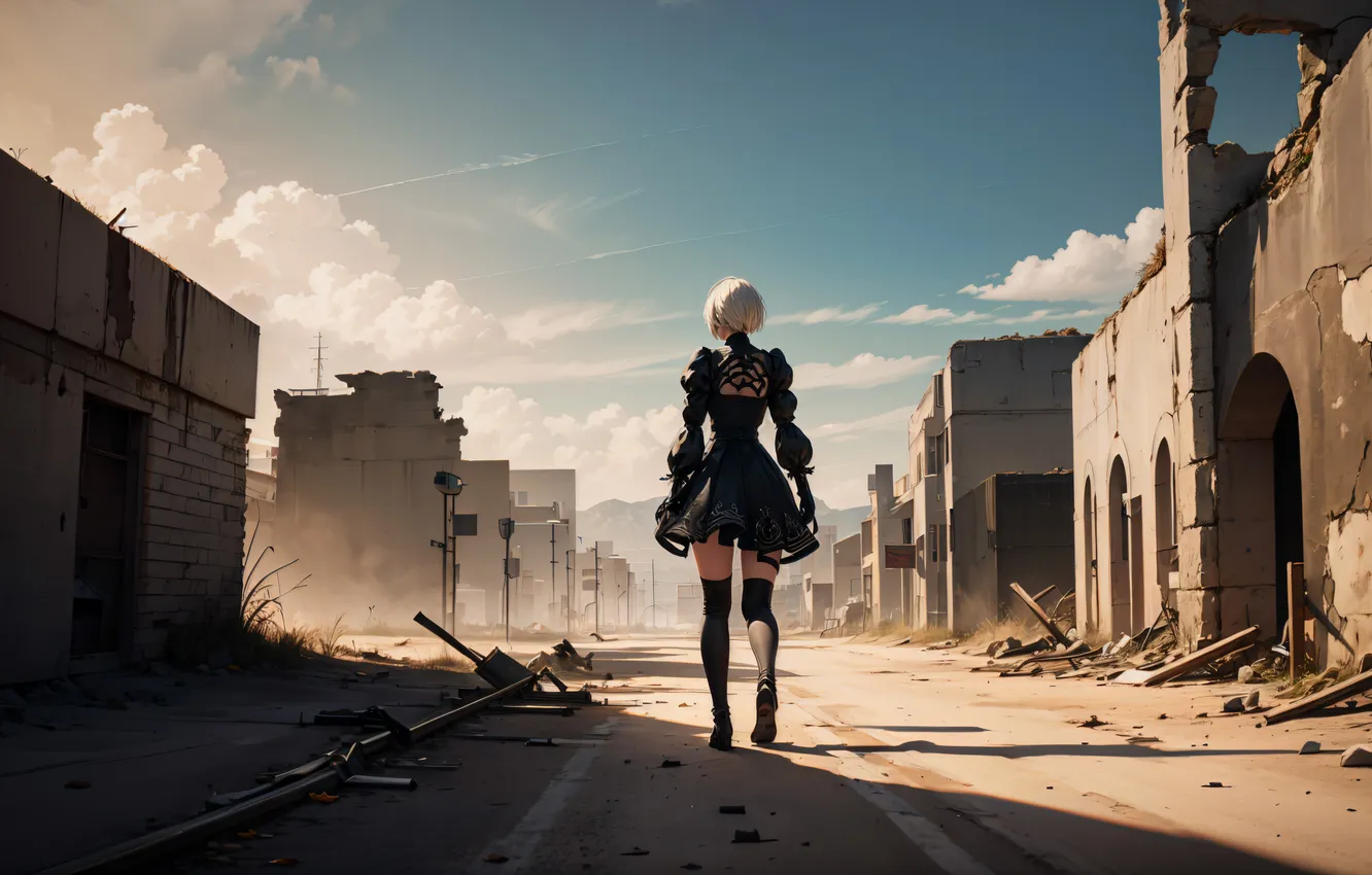 Photo wallpaper girl, street, the game, NieR: Automata