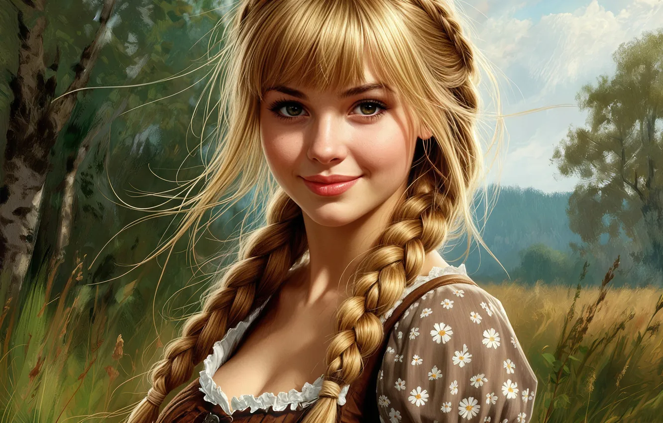 Photo wallpaper field, forest, chest, look, girl, light, trees, nature