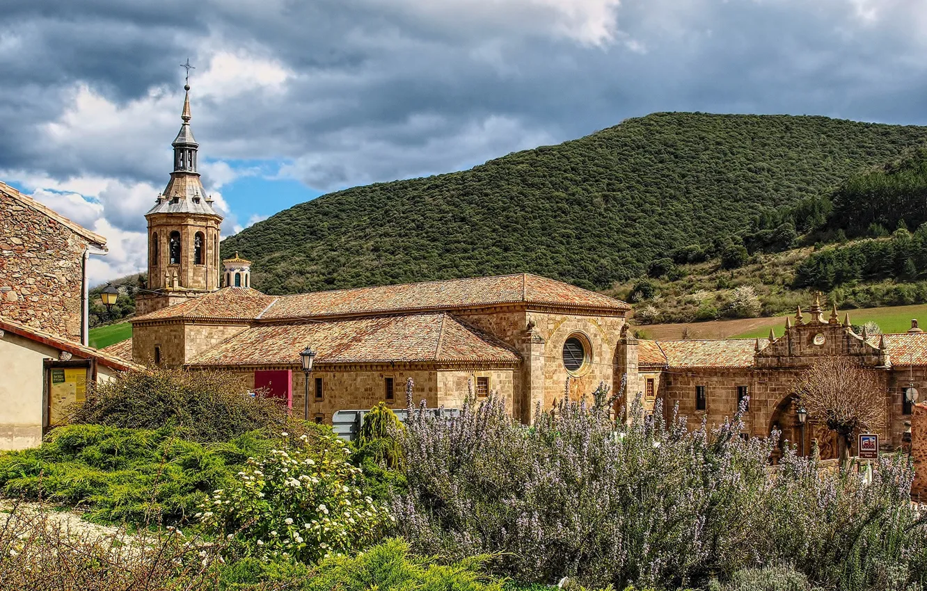 Photo wallpaper forest, the sky, grass, the sun, clouds, mountains, Spain, the bushes