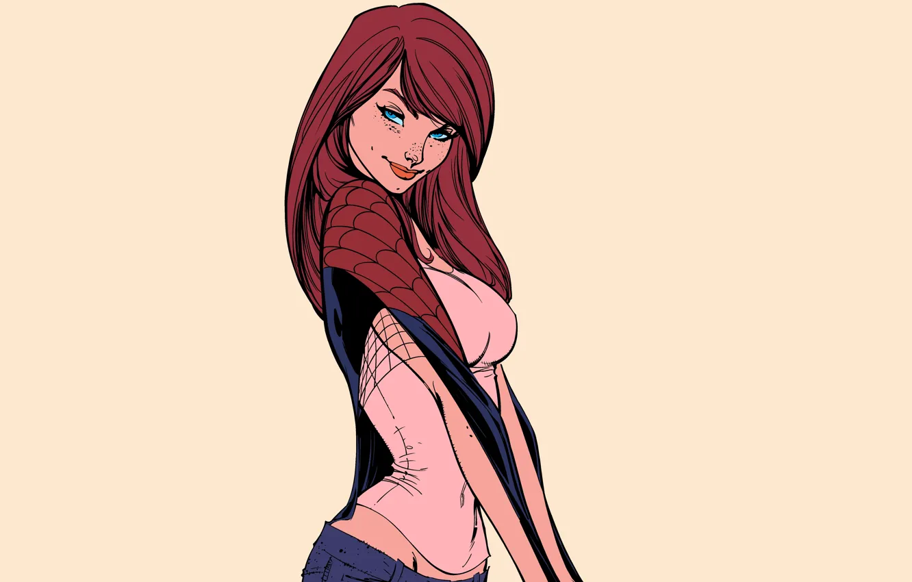 Photo wallpaper look, girl, jeans, Mike, costume, red hair, blue eyes, looks