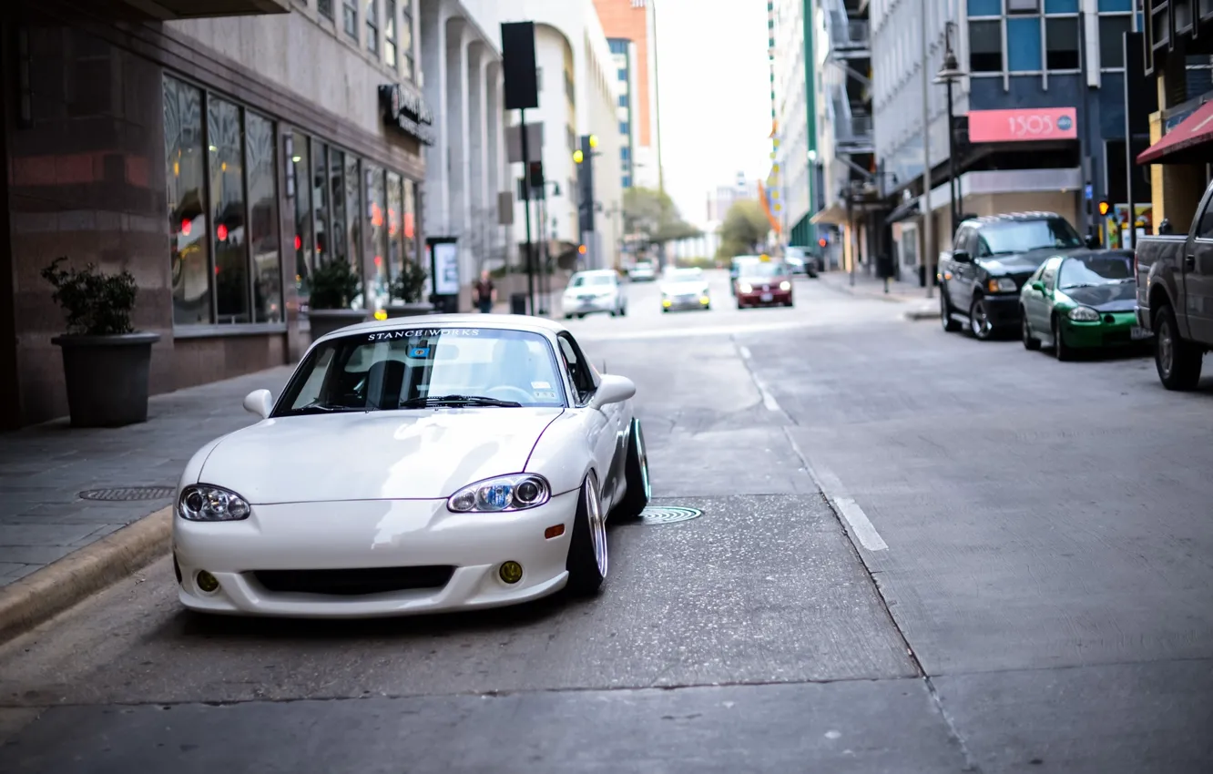 Photo wallpaper white, Mazda, drives, Miata, BBS, stance, tunig