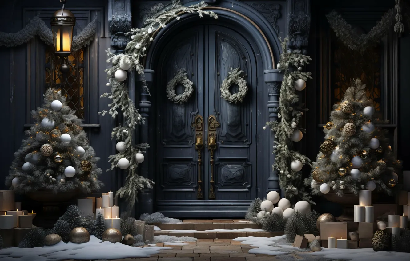 Photo wallpaper winter, snow, new year, gate, the door, Christmas, AI art, neural network