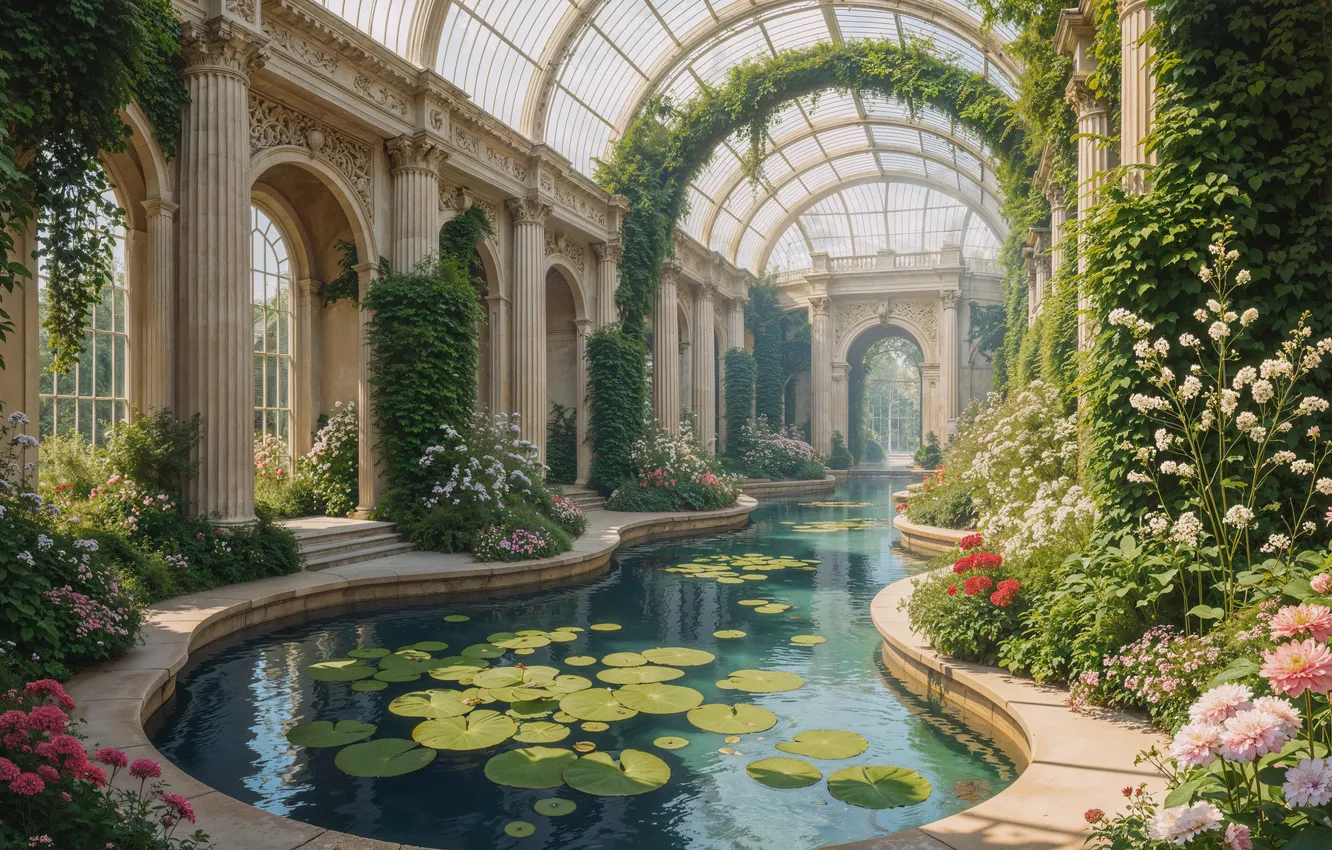 Photo wallpaper pond, castle, interior, greenhouse