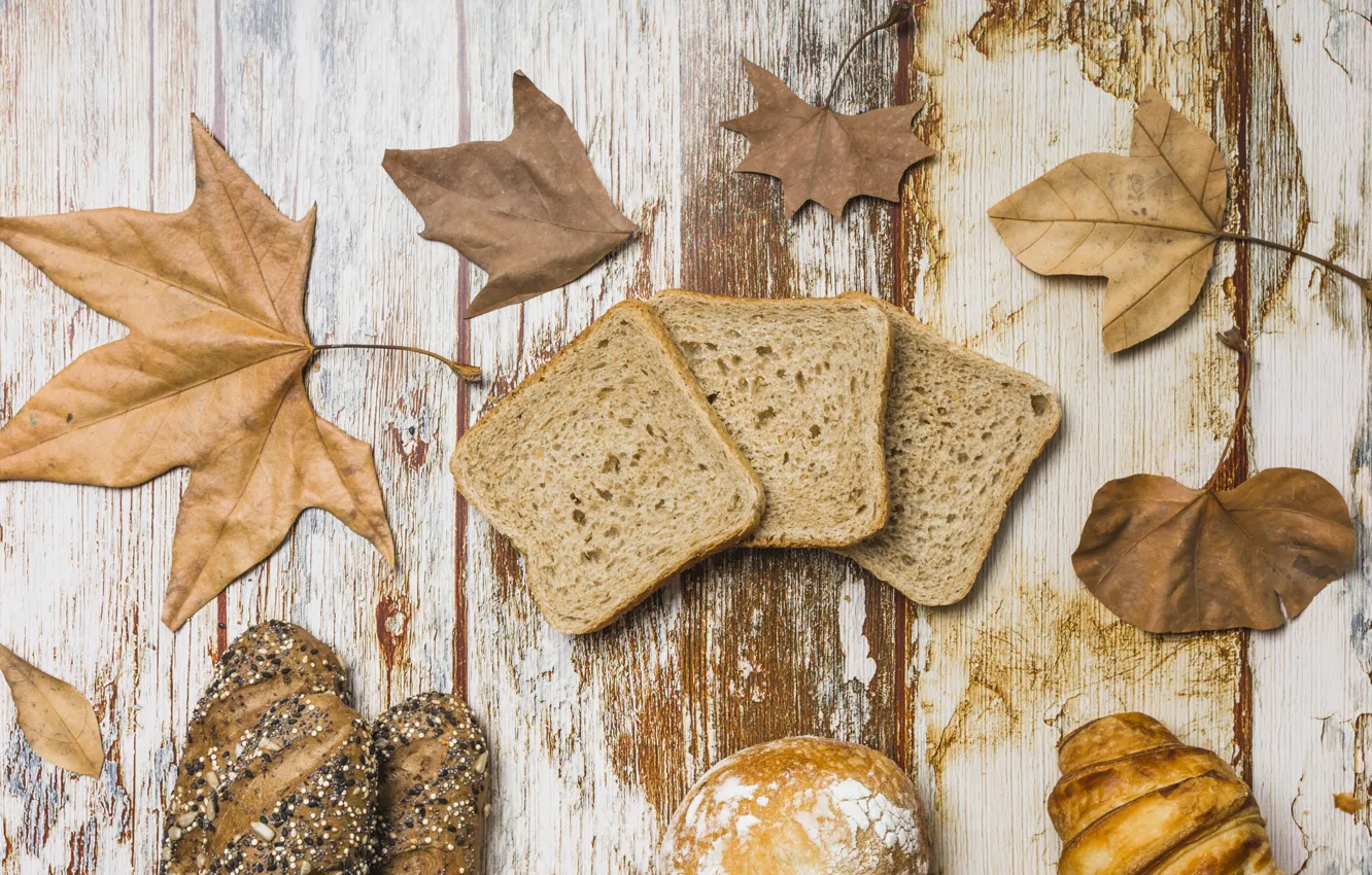 Photo wallpaper autumn, leaves, background, tree, colorful, bread, wood, cakes