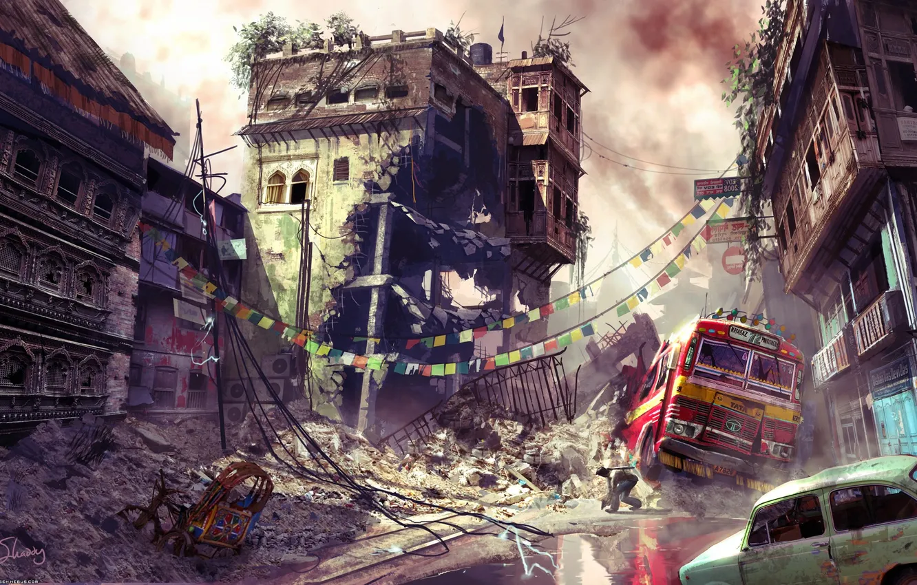 Photo wallpaper the explosion, ash, disaster, chaos, postapocalyptic, destroyed building, broken power lines, The destruction of the …