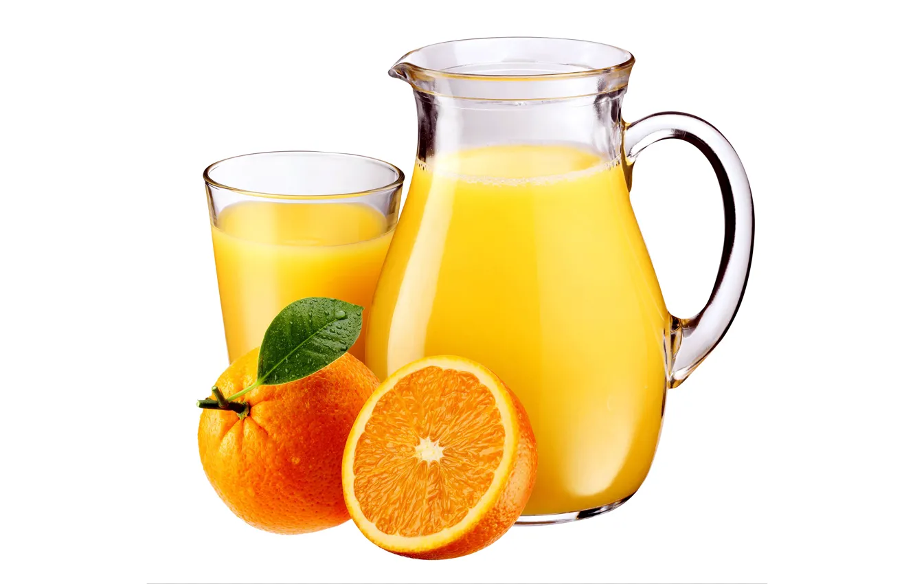 Photo wallpaper drops, glass, oranges, juice, white background, pitcher, fruit, wet