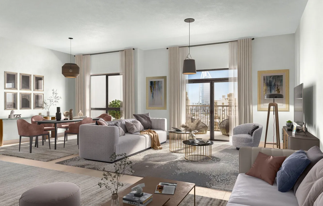 Photo wallpaper design, style, interior, megapolis, living room, dining room