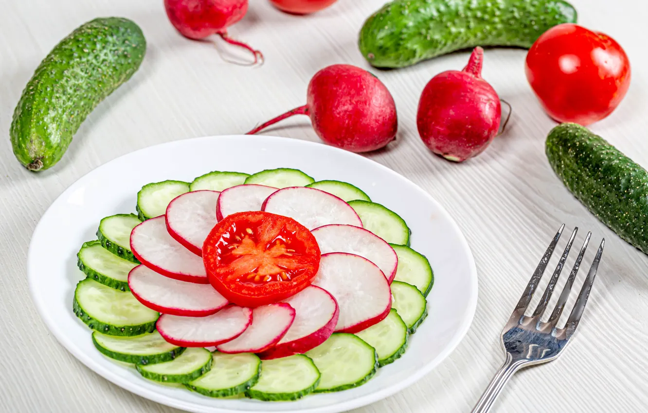 Photo wallpaper photo, plate, plug, tomatoes, cucumbers