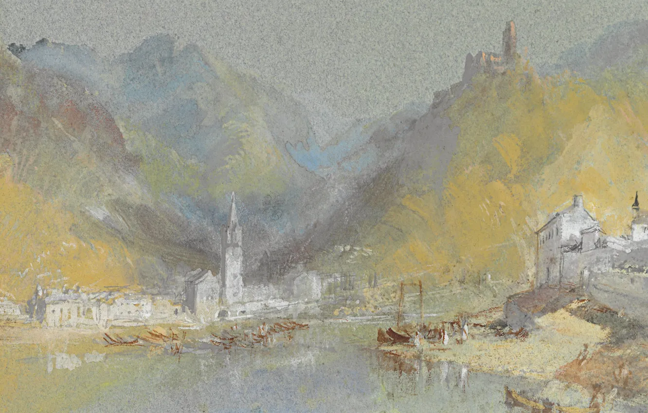 Photo wallpaper landscape, mountains, river, castle, picture, boats, watercolor, Germany