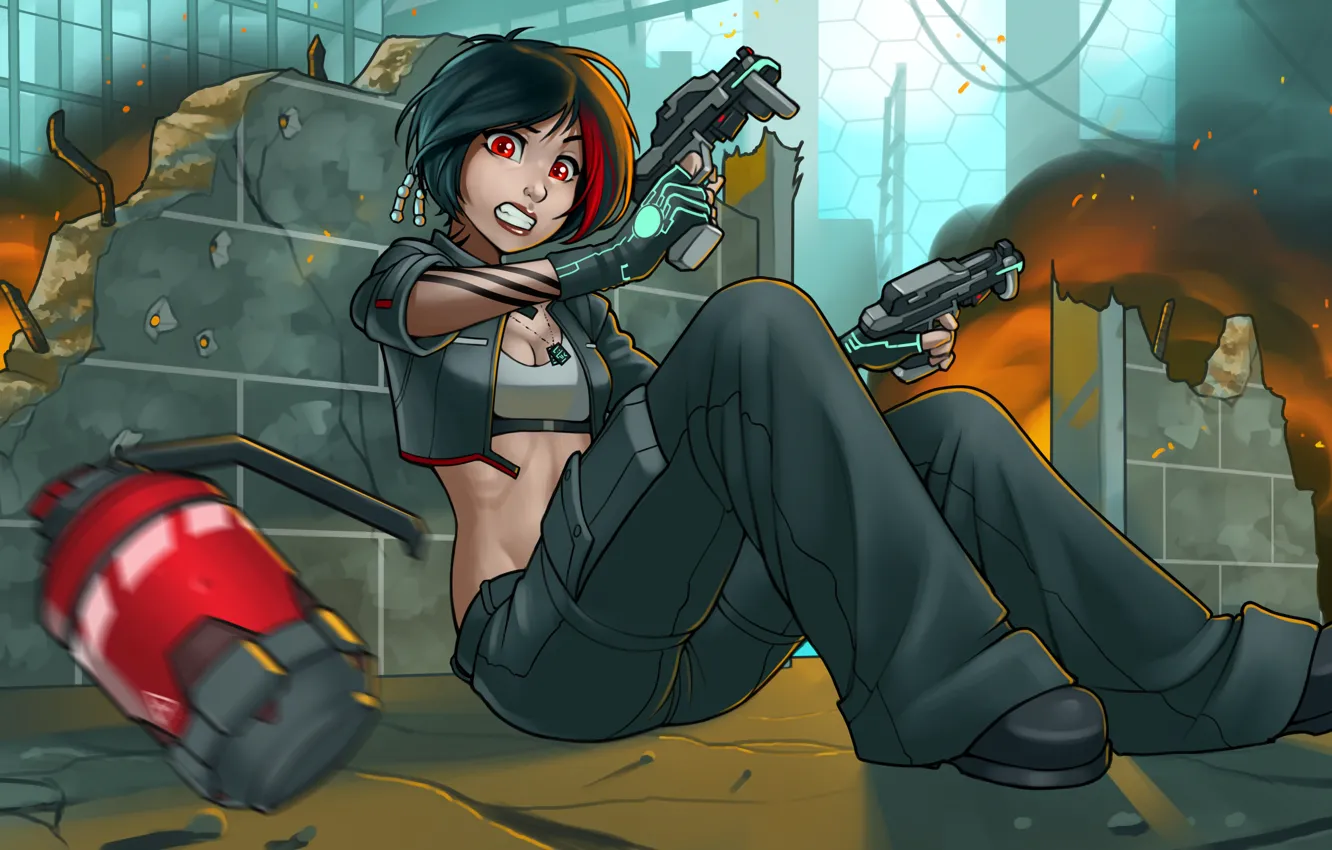 Photo wallpaper girl, fright, fire, guns, pomegranate, anime, shelter, art