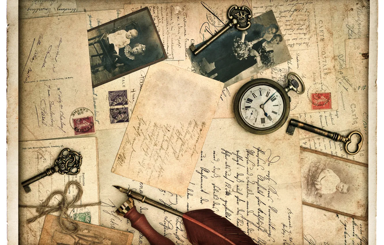 Photo wallpaper retro, watch, feathers, key, photos, line, vintage, vintage