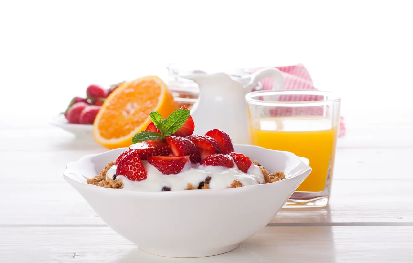 Photo wallpaper orange, Breakfast, strawberry, juice, yogurt, granola