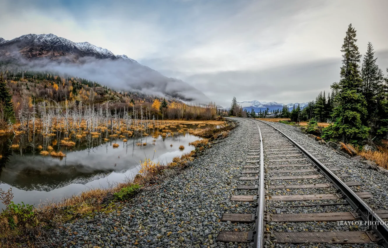 Photo wallpaper autumn, mountains, nature, railroad