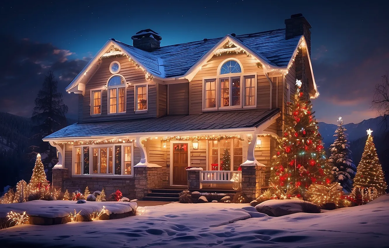Photo wallpaper winter, snow, decoration, night, lights, tree, new year, home
