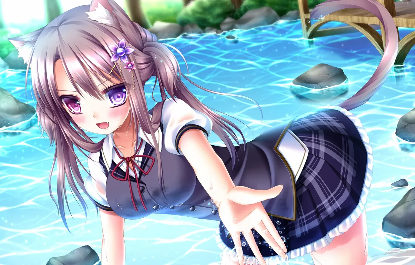 Photo wallpaper water, girl, smile, tail, Anime, school uniform, long hair, flower in hair