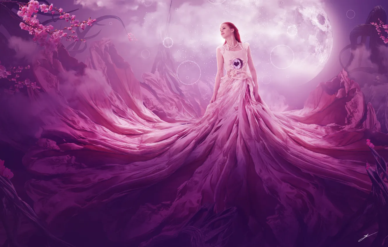 Photo wallpaper girl, flowers, fog, heart, planet, dress, fantasy, art