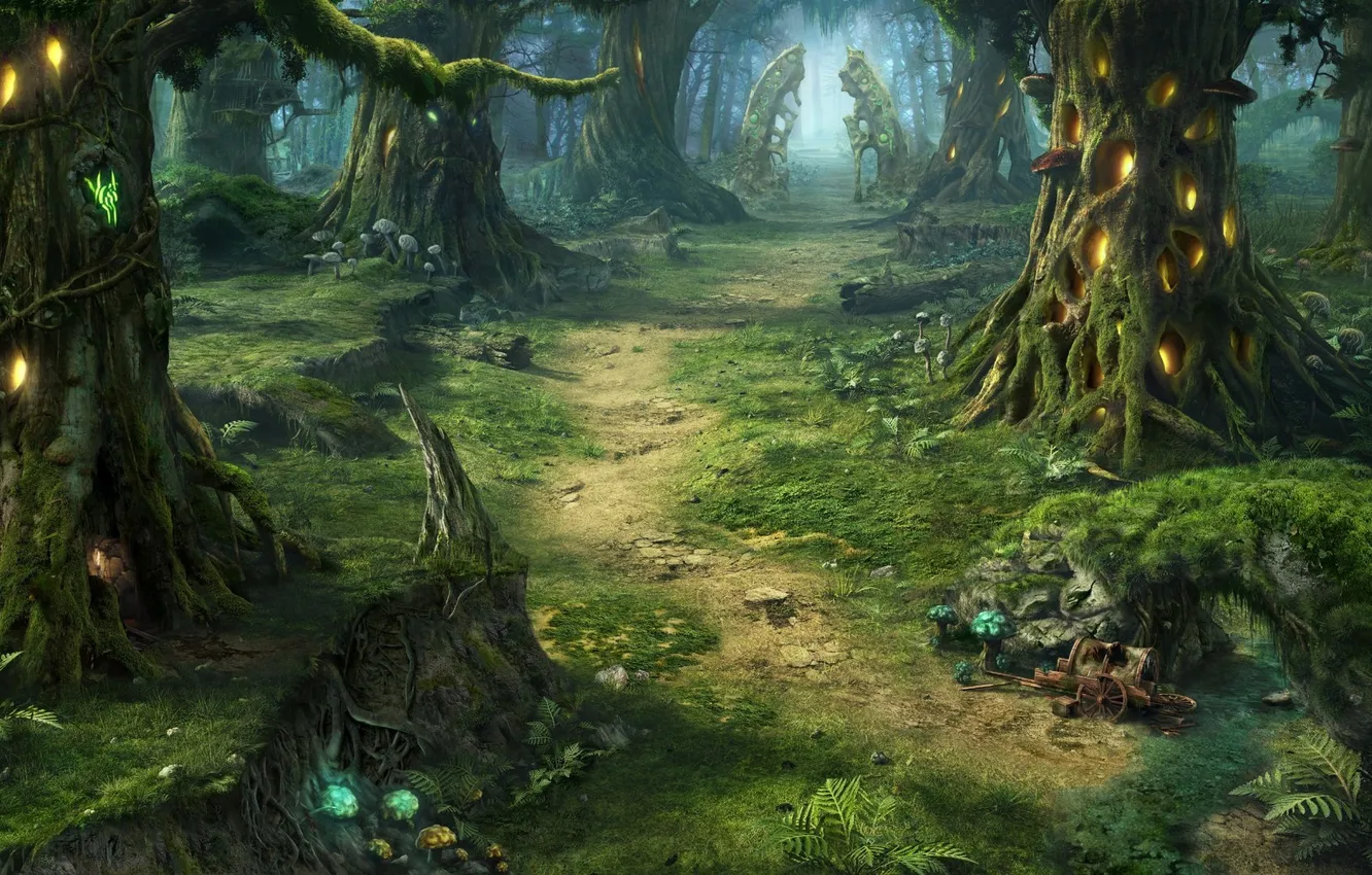 Photo wallpaper forest, trees, mushrooms, thicket, art, track, wagon, path