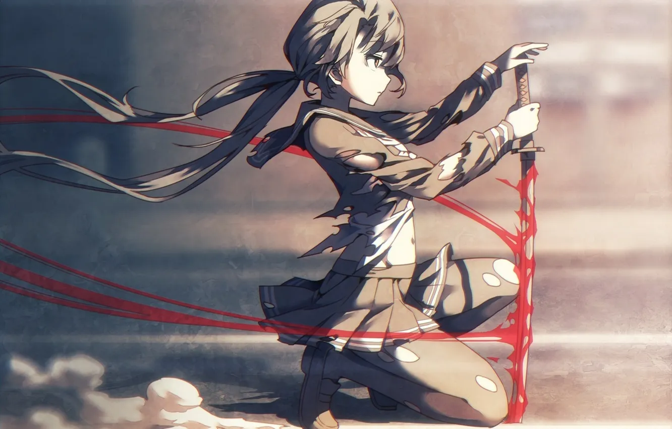 Photo wallpaper girl, weapons, blood, katana, anime, art, form, schoolgirl