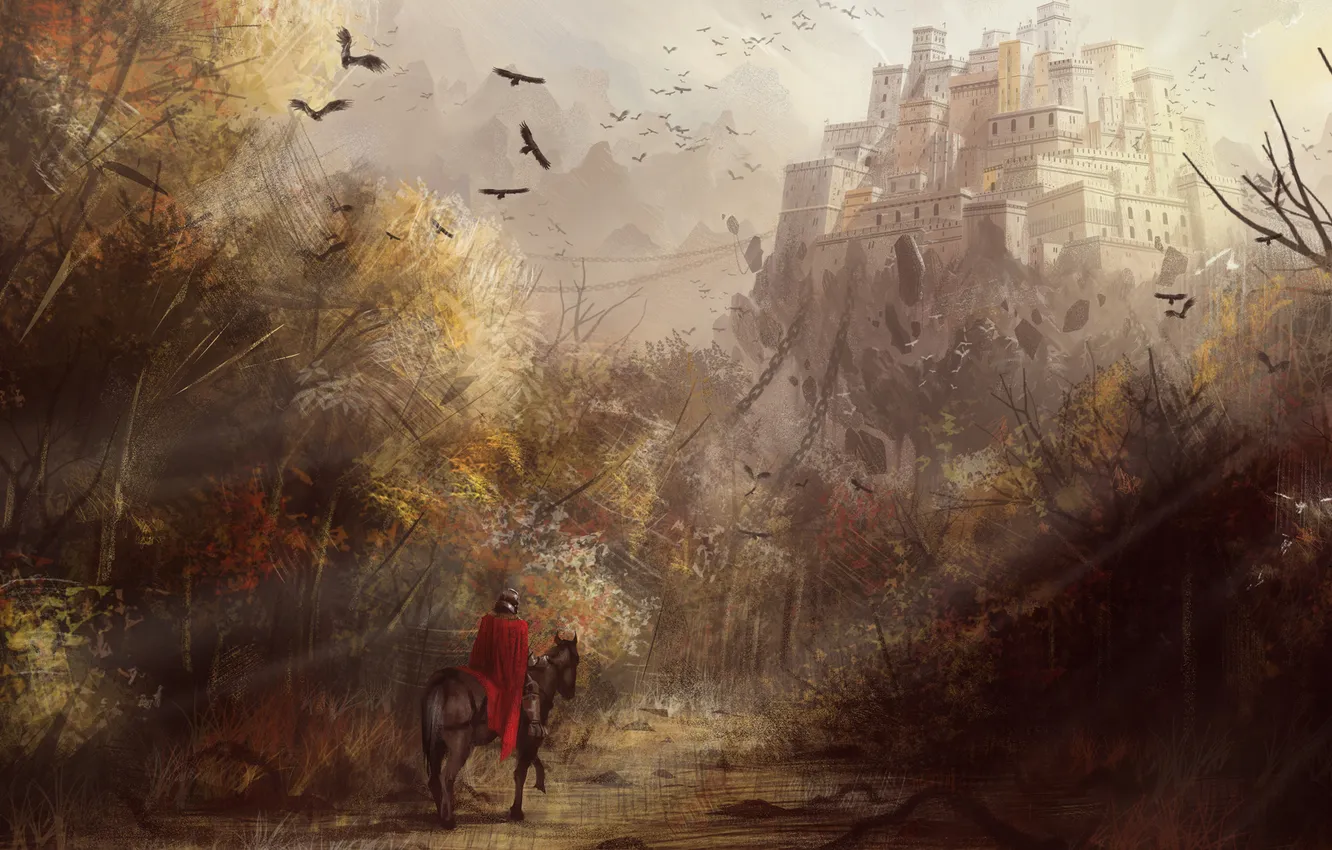 Photo wallpaper landscape, castle, horse, horse, art, chain, rider, cloak