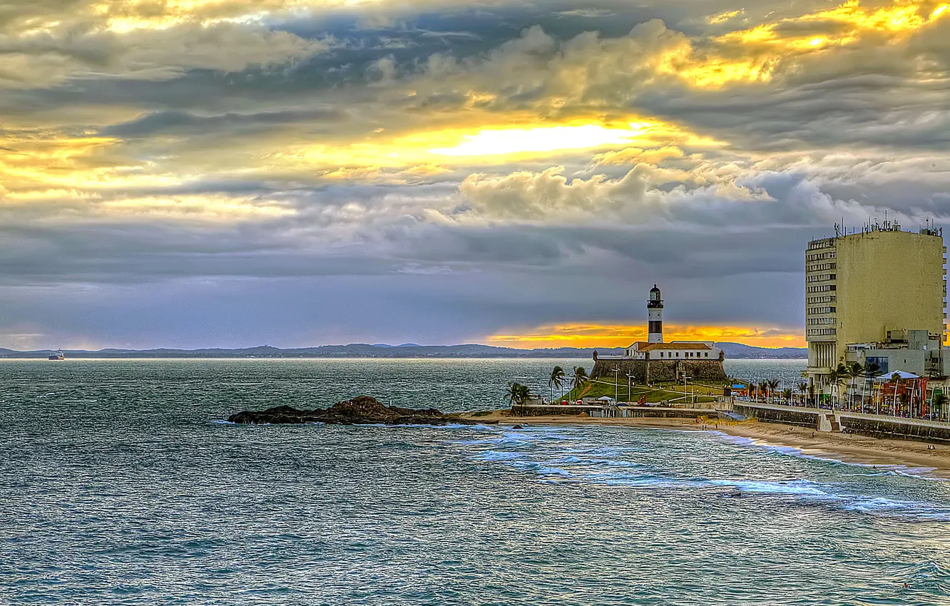 Photo wallpaper sea, beach, the sun, clouds, ship, island, Brazil, Salvador