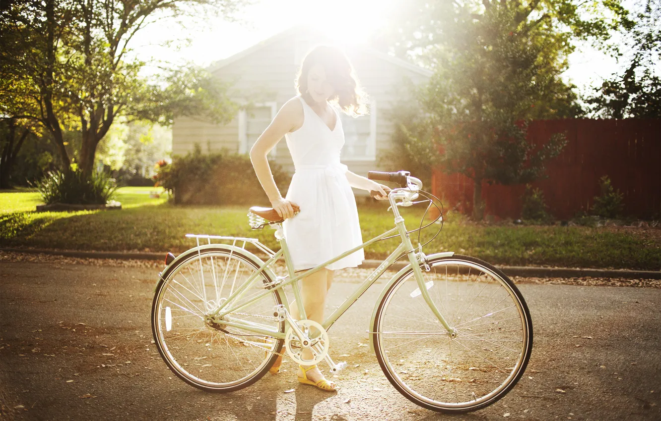Photo wallpaper road, summer, girl, bike, street, dress