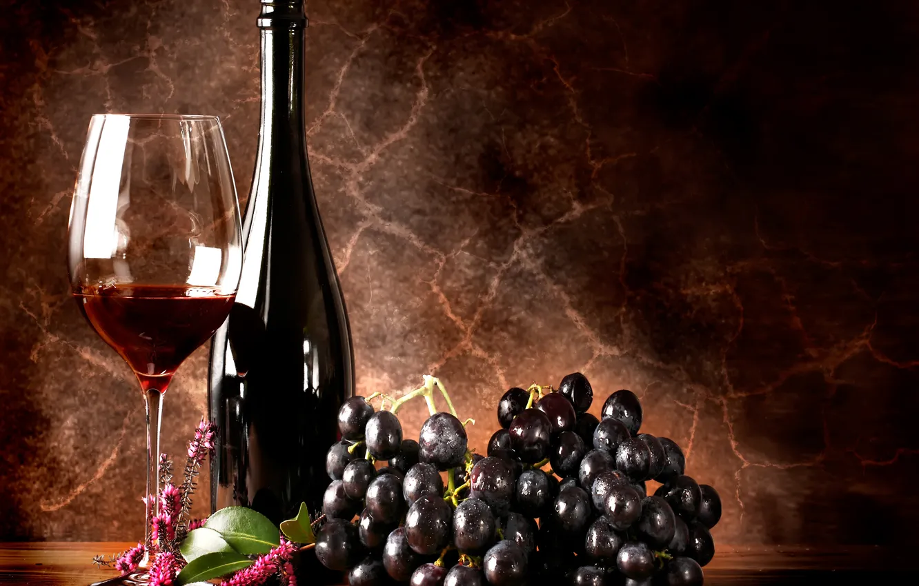 Photo wallpaper red, wine, glass, bottle, grapes
